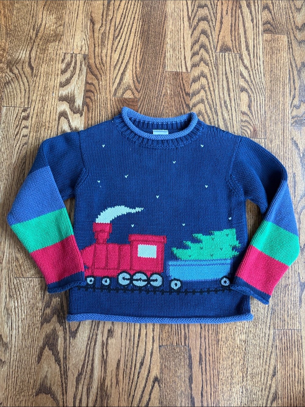 Tumbleweed kids navy hand knit Christmas tree train cotton sweater, size 5.